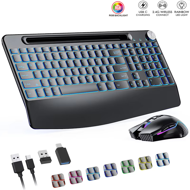 Rgb Keyboard Wrist Rest - 2.4G&Type-C draadloze toetsenbord-muiscombinatie met polssteun, RGB-achtergrondverlichting,